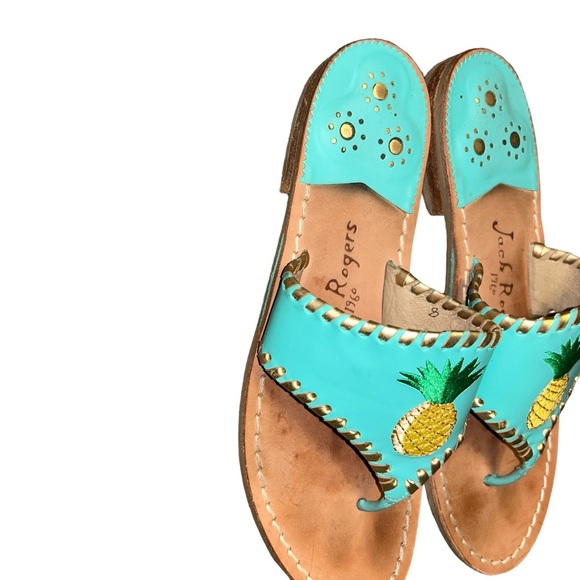 Jack Rogers turquoise /Gold Stitching thong sandals Embroidered pineapples 8 - Picture 1 of 6